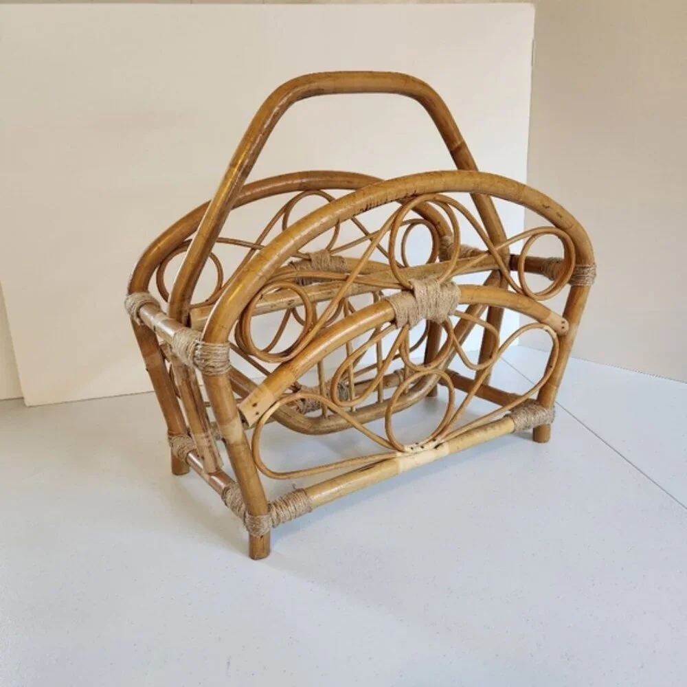 Vintage Bamboo Book Storage Basket Magazine Rack 1970s 70s Boho Home Decor Hippy - Picture 1 of 9